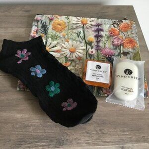 Flower Power Pouch 4 Pc Bundle With Black Socks, Body Bar, Facial Bar & Pouch